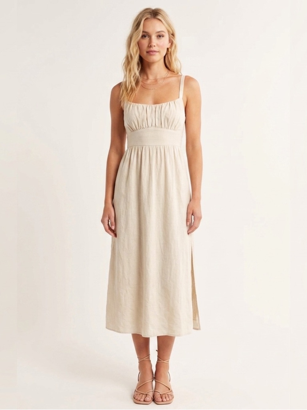 Indikah Natural Linen Cotton Buckle Back Midi Dress